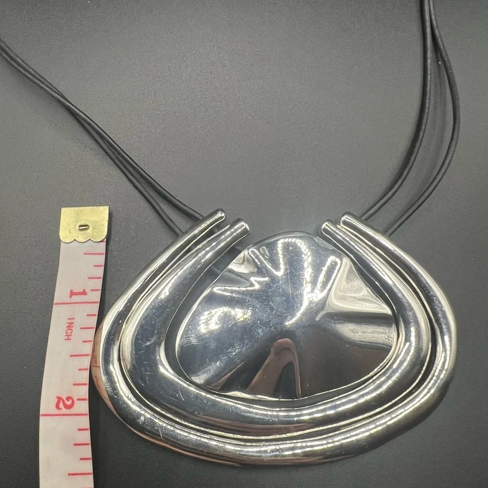 CHICOS Chunky Silver Tone Medallion on Black Leather Necklace - Picture 2 of 4